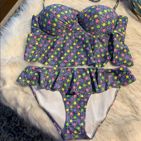 🆕 NWOT Denim Blue Polka Dot Bikini - Picture 1 of 3